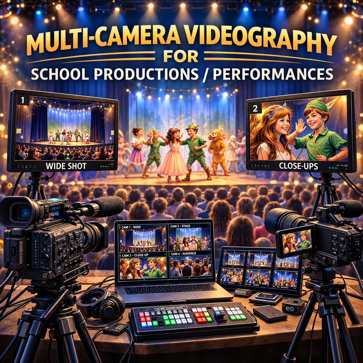 Multi-camera school production videography setup showing stage coverage, close-ups and production equipment