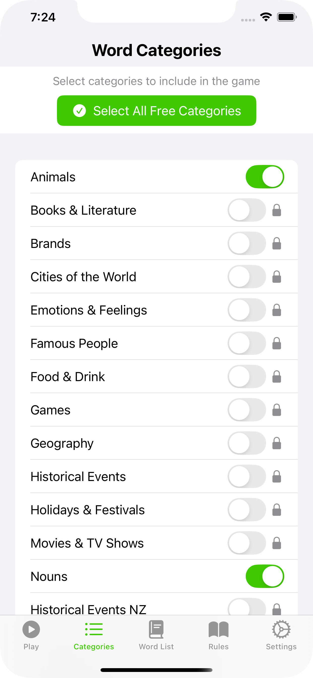 One Word Only categories