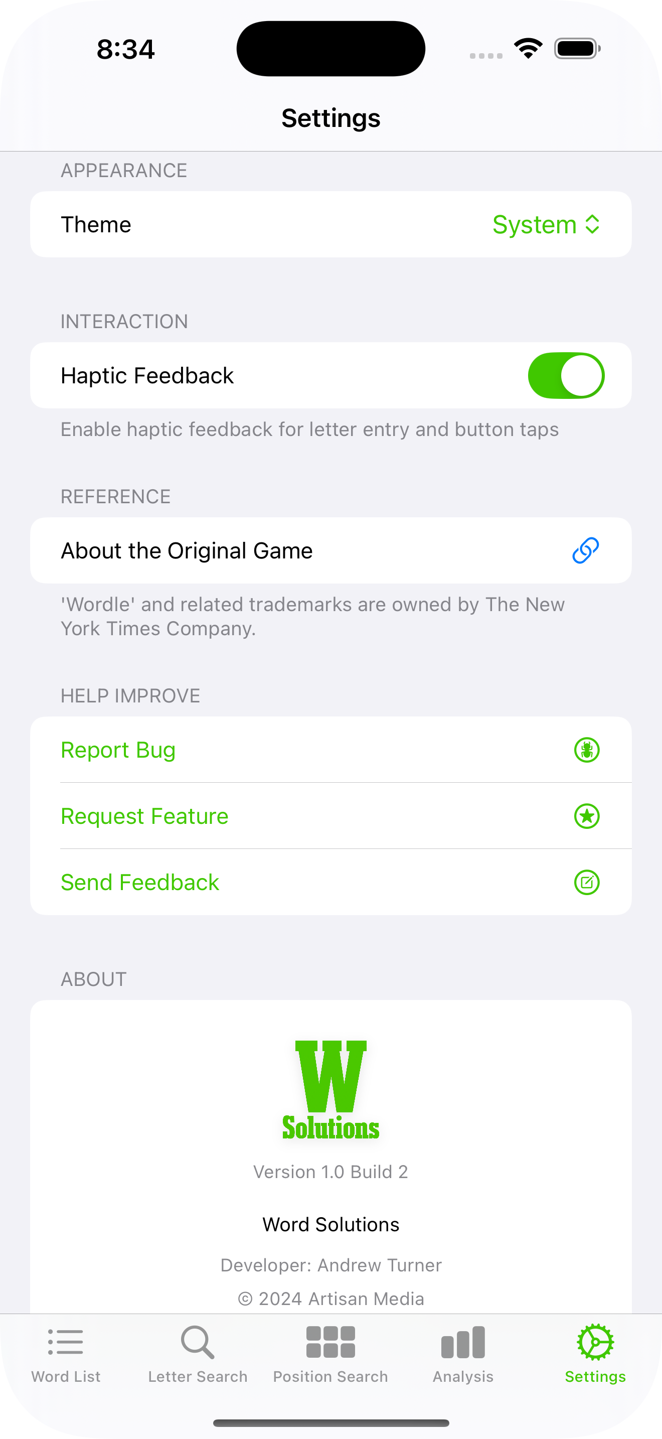 Word Solutions settings